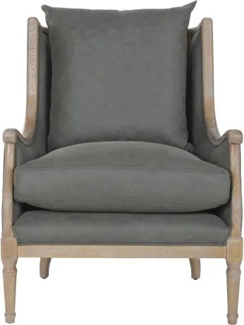 Fotoliu wingback stofă verde cu brațe lemn masiv, „Churchill”