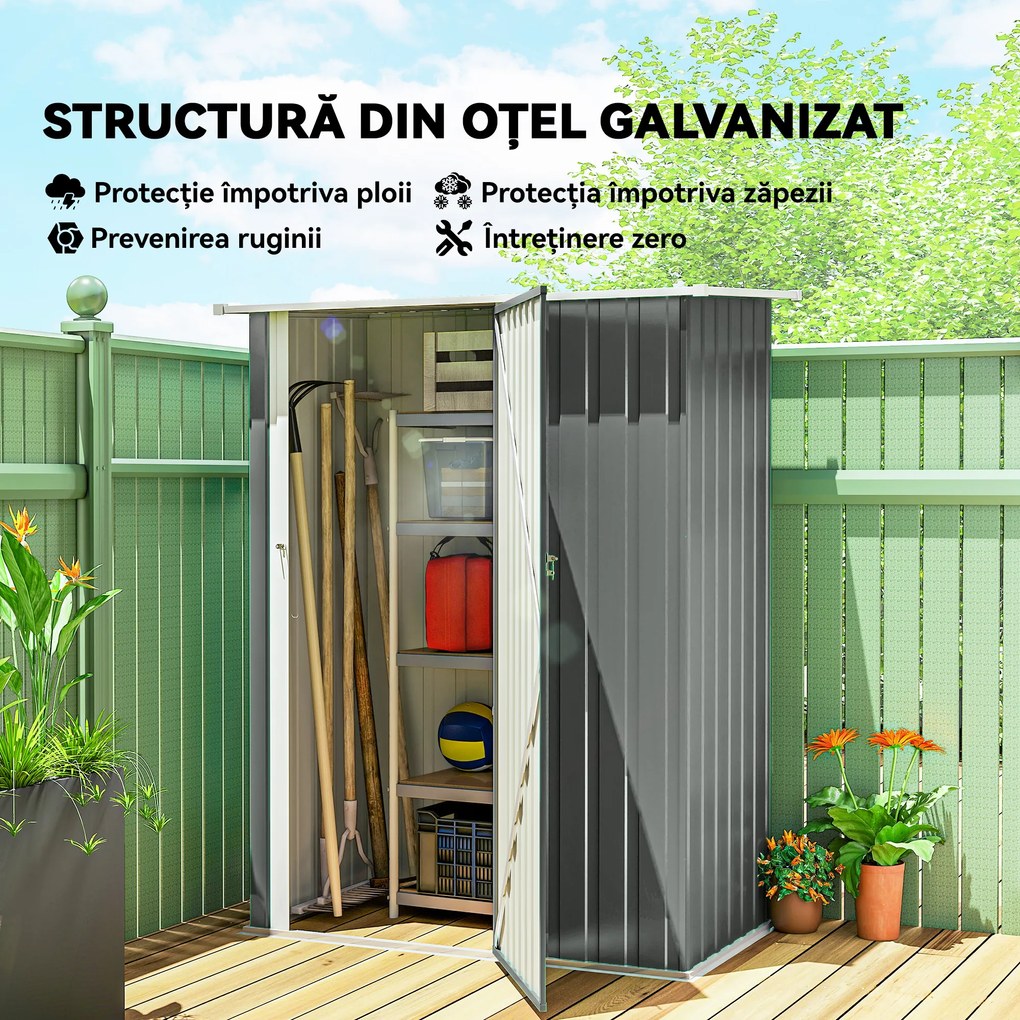 Outsunny Depozit de Grădină 1.07m² din Oțel Zincat, Depozit pentru Unelte cu Ușă Blocabilă și Acoperiș Înclinat, 142x86x189 cm, Gri Deschis | Aosom Romania