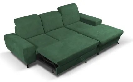 Canapea colțar extensibilă tapițată ALTA, formă în L, cu spațiu de depozitare, șezlong pe dreapta, verde