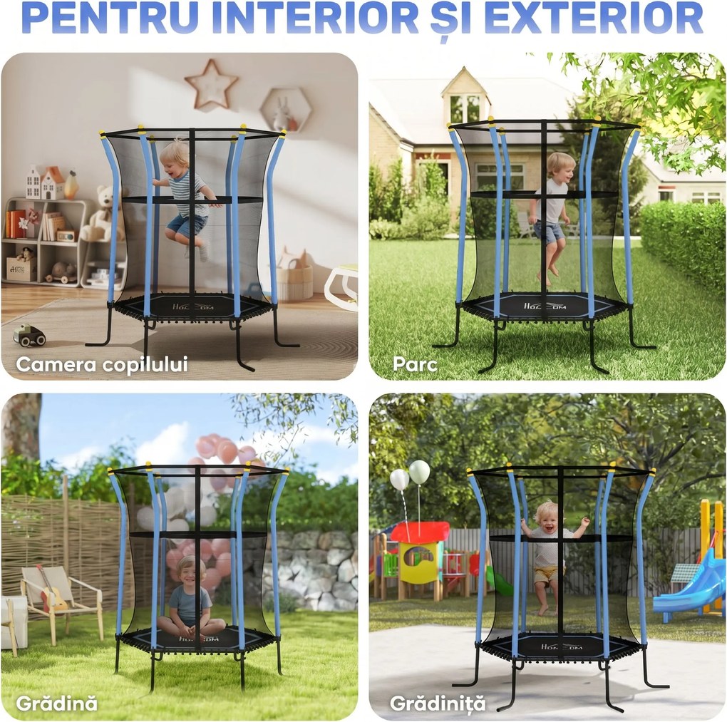 HOMCOM Trambulină Elastică pentru Copii 3-10 Ani cu Intrare cu Fermoar și Țevi Căptușite, Ø163,5x190 cm, Albastru | Aosom Romania