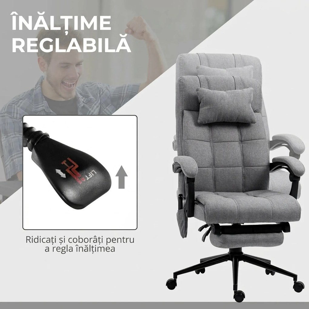 Vinsetto Scaun Birou cu Masaj și cu Încălzire, Fotoliu Birou cu Spătar Înclinabil 155°, Suport Picioare, 66x76x112-120cm,Gri | Aosom Romania