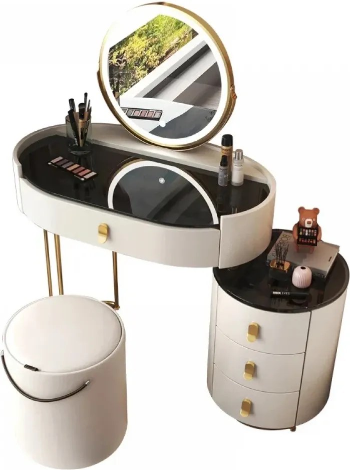 RESIGILAT- Set RACHEL, Masă de toaletă cu oglindă iluminată bandă LED, control touch, 4 sertare, taburet, Alb