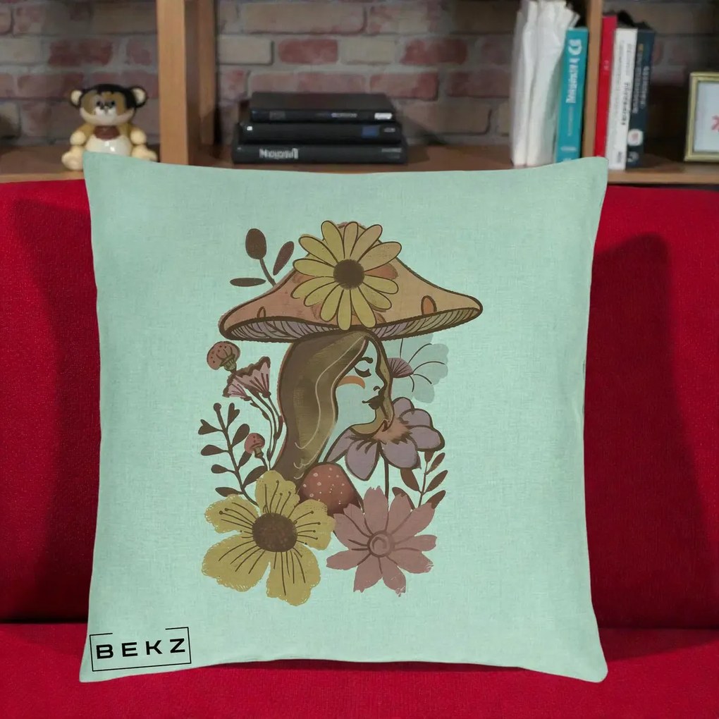 Perna Decorativa Fata Ciuperca Florala Boho, 40x40 cm, Verde Menta, Husa Detasabila, Perna Inclusa, BEKZ®
