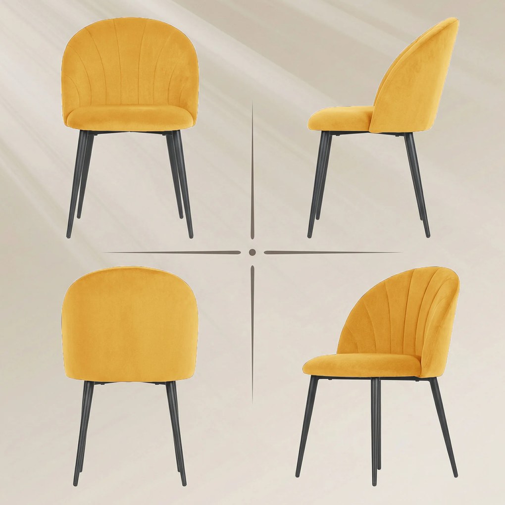 HOMCOM Set 2 Scaune pentru Sufragerie din Catifea, Scaune de Bucătărie cu Spătar Curbat în Formă de Scoică, Picioare din Oțel, Stil Nordic, Scaun Tapițat pentru Bucătărie, Dormitor, Living, Galben | Aosom Romania