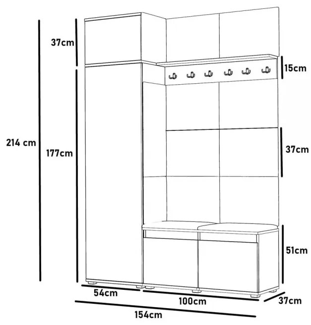 CUI521 - Cuier 154x37x214 cm - 6 agatatori haine, hol, pantofar - Culoarea Stejar, tapiterie Verde/Gri/Albastru