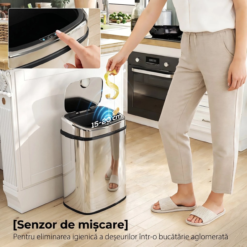HOMCOM Coș de gunoi cu senzor infraroșu 50L, 2 moduri de deschidere, oțel inoxidabil, argintiu | Aosom Romania