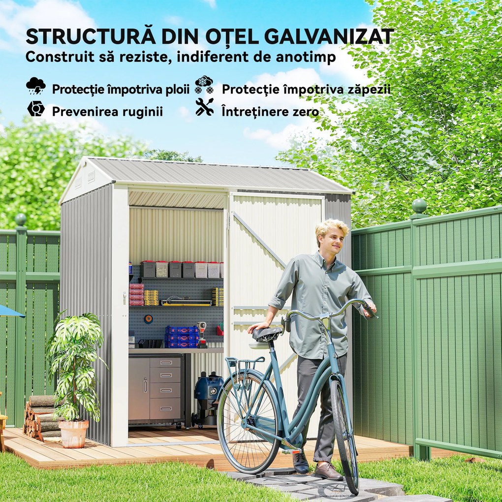 Outsunny Depozit de Grădină Înalt de 3.51m² din Oțel Galvanizat cu Guri de Ventilație, Căsuță de Grădină cu Ușă Blocabilă, Acoperiș Înclinat, Mănuși, Depozit pentru Unelte, 209x177x236 cm, Argintiu Gri | Aosom Romania