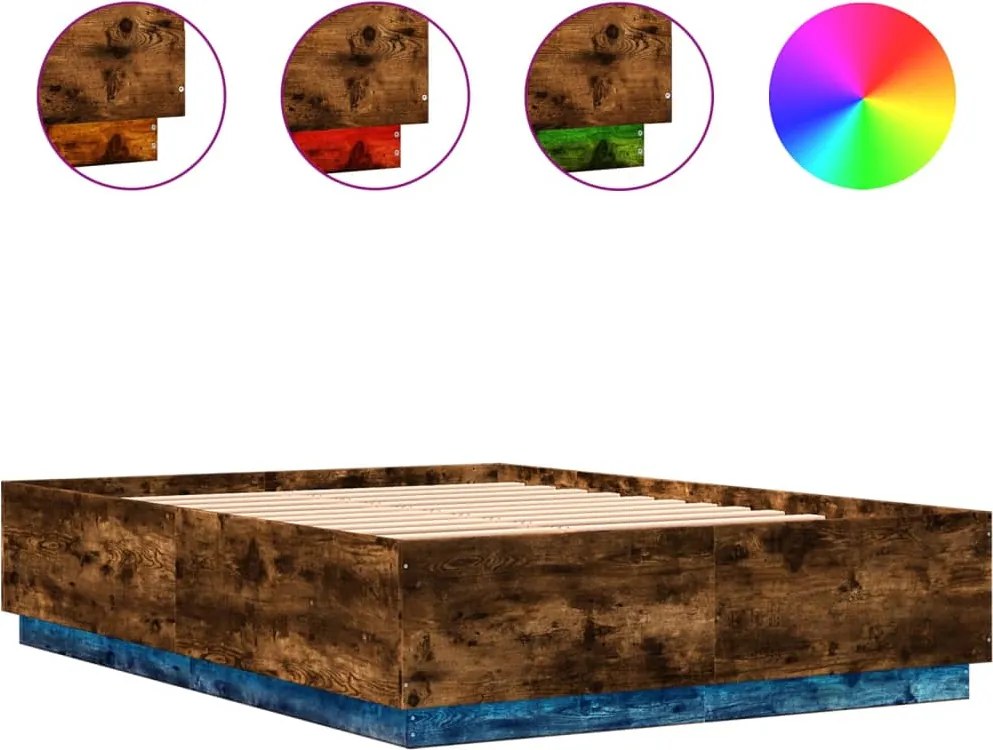 vidaXL Cadru pat cu lumini LED stejar fumuriu 120x200cm lemn prelucrat