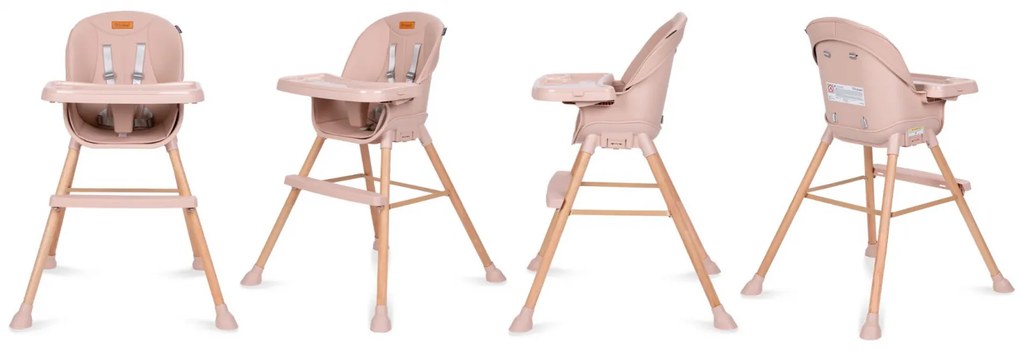 Scaun de Masa 4in1 pentru Bebelusi si Copii, Eatan Wood, Inaltime Ajustabila, Varsta 0-15 kg, Centura de Siguranta in 5 Puncte, Depozitare, Roz