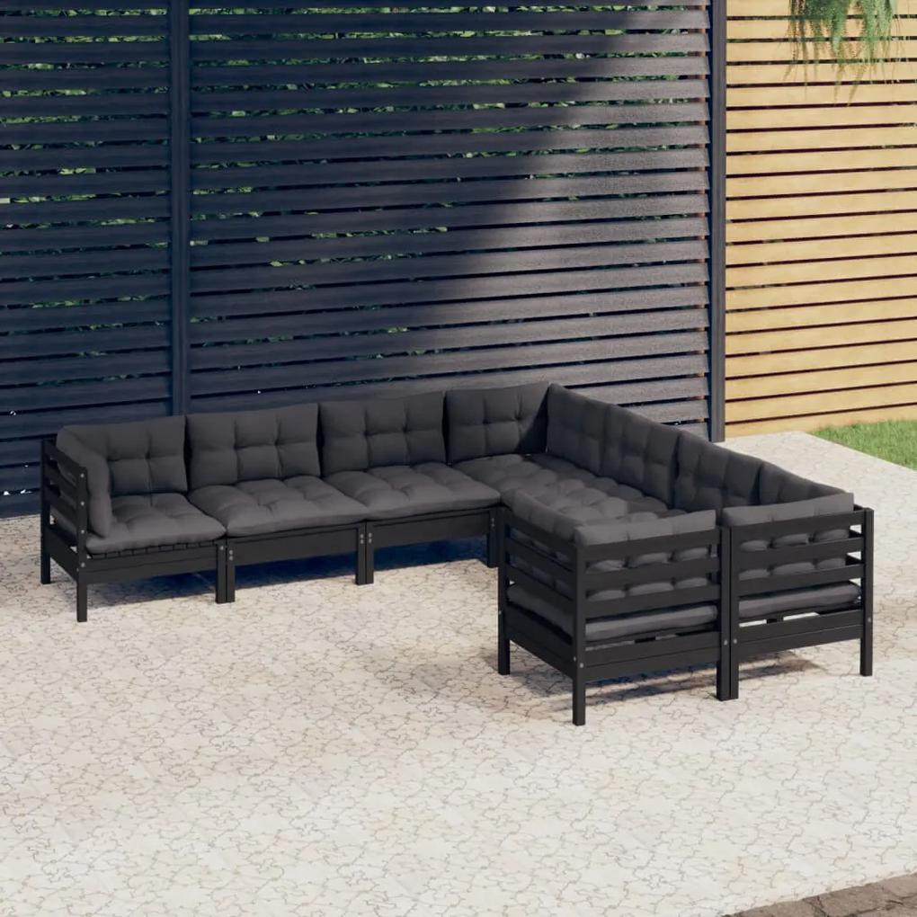 3096975 vidaXL Set mobilier de grădină cu perne 8 piese negru lemn masiv pin