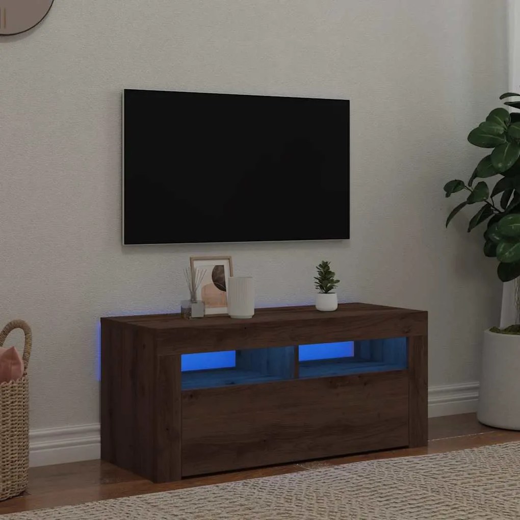 vidaXL Dulap TV cu LED stejar artizanal 90x35x40 cm lemn prelucrat