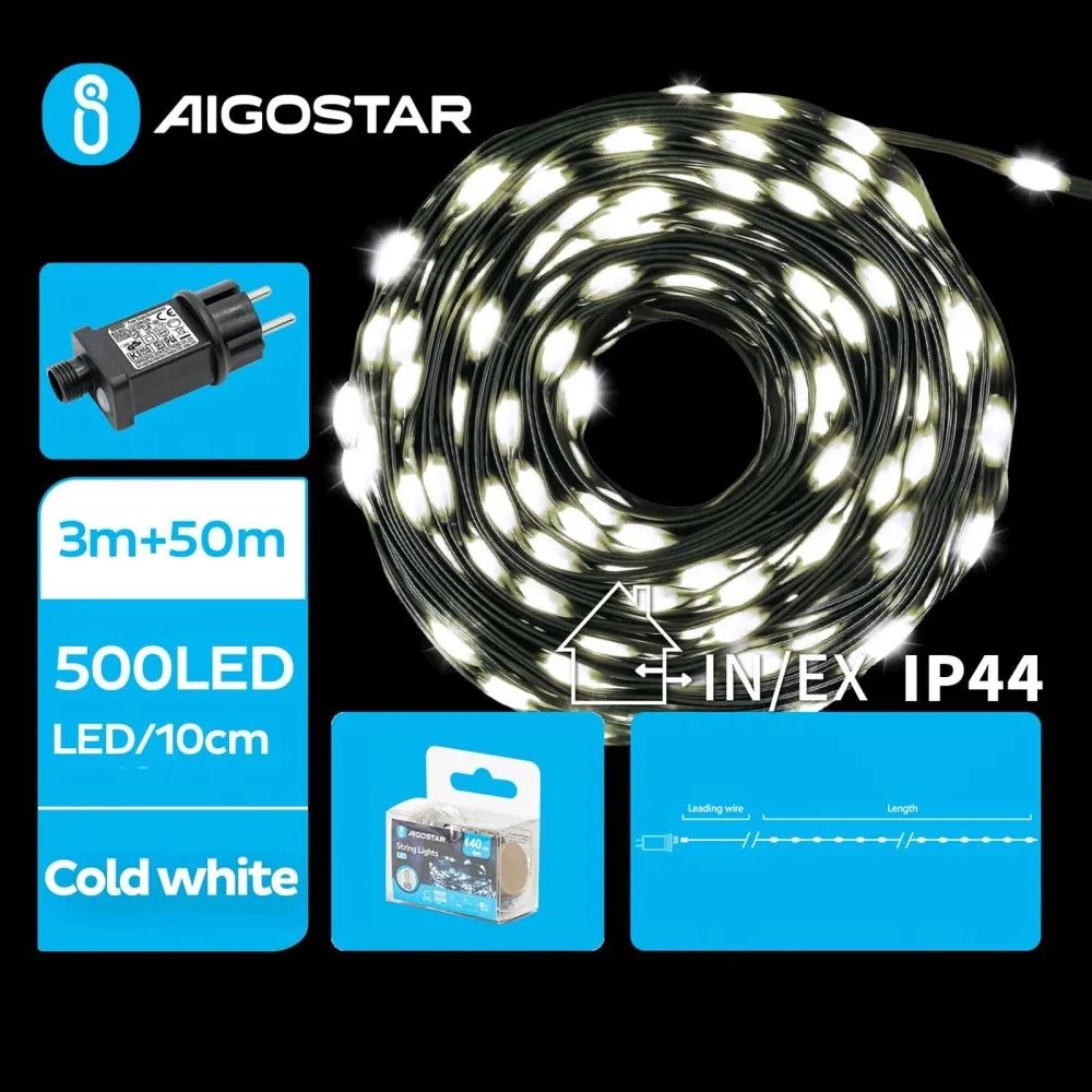 Aigostar - Ghirlandă LED de exterior, 500 LED-uri, 8 funcții, 53 m, IP44, alb rece