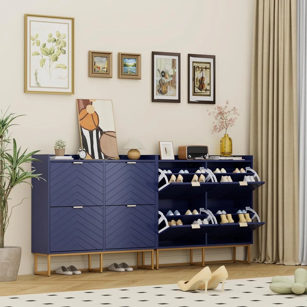 PANN5 - Pantofar 100 cm ingust, 4 compartimente, pantofare, depozitare pantofi, mobilier hol - Negru / Albastru / Gri - Auriu