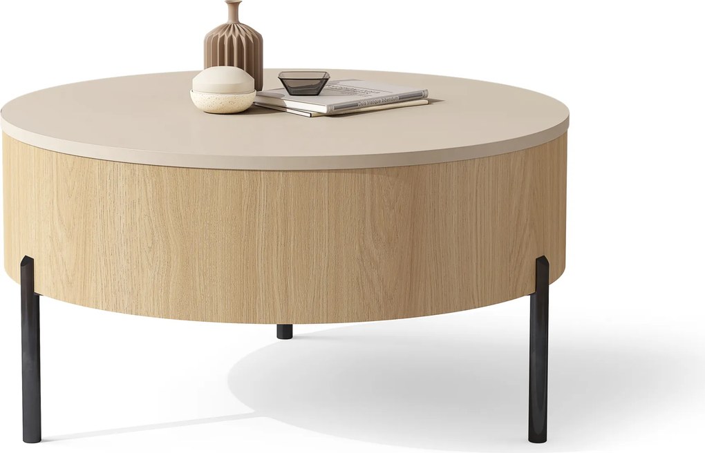 Mazzoni FRIDA Bej (Șampanie) / Stejar Oasis – MĂSUȚĂ DE CAFEA MODERNĂ CU BLAT RABATABIL ȘI SPAȚIU DE DEPOZITARE