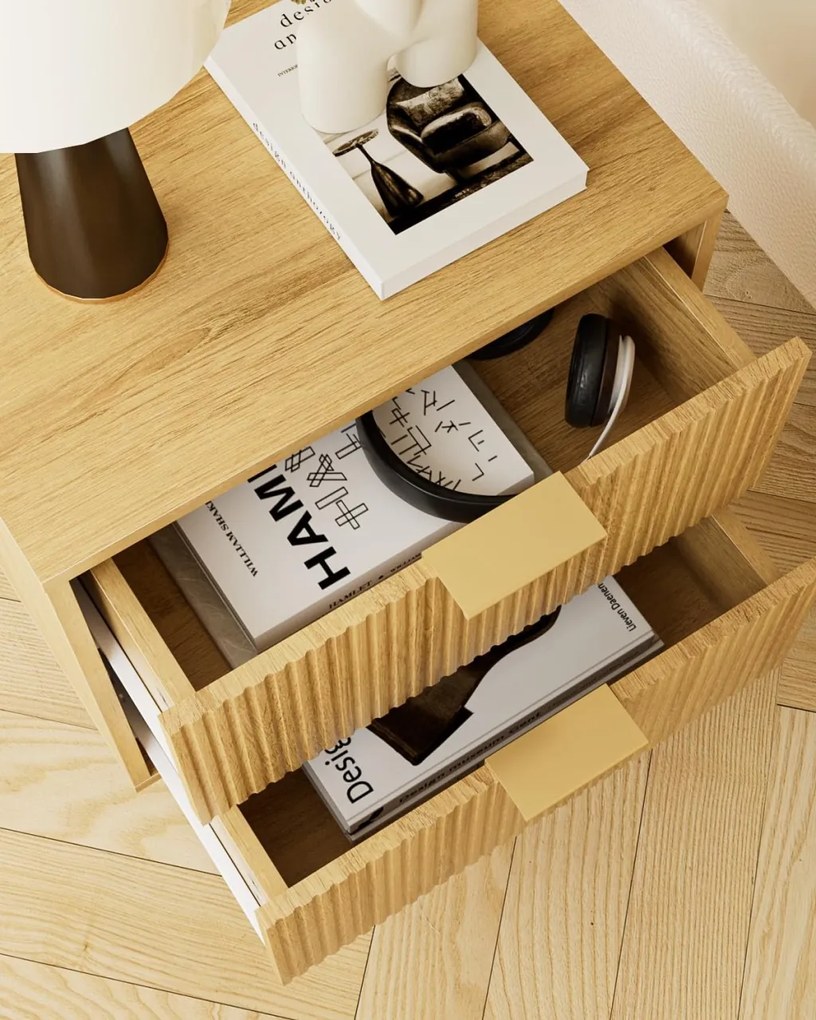 NOR2 - Set 2 Noptiere 40 cm, cu 2 sertare, dormitor, Riflaje - Roz / Albastru / Maro / Maro Deschis - Auriu