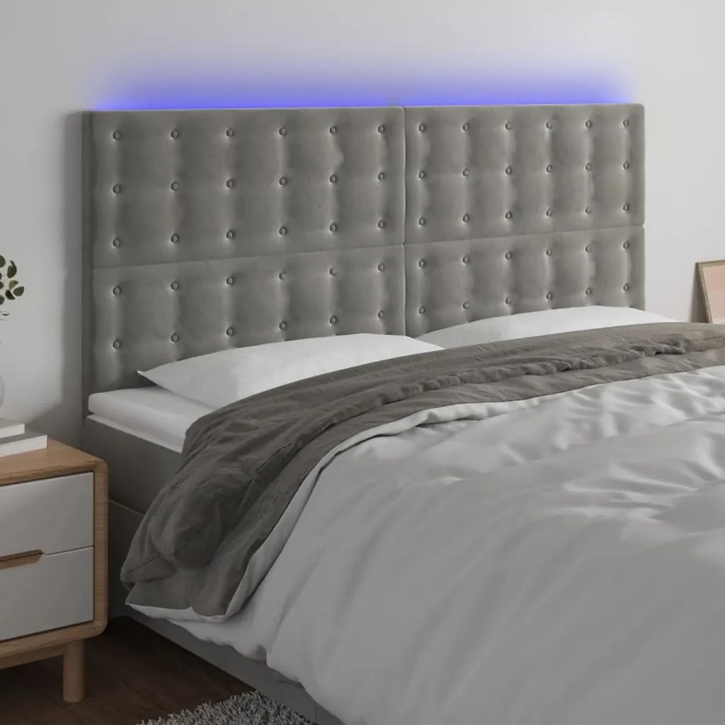 vidaXL Tăblie de pat cu LED, gri deschis, 200x5x118/128 cm, catifea