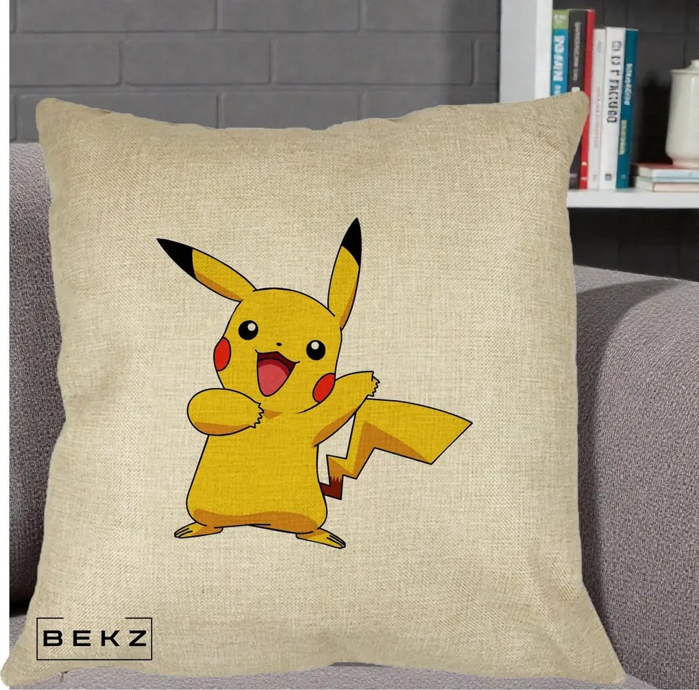 Perna Personalizata Pikachu Fericit, 40x40 cm, Crem, Husa Detasabila, Perna Inclusa, BEKZ®