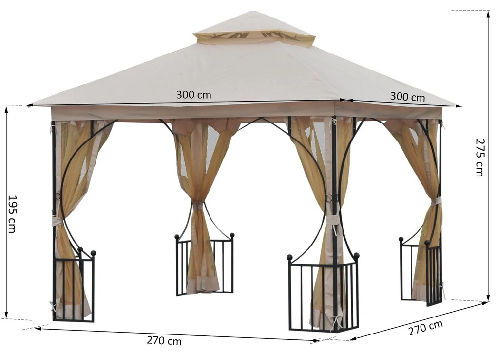 Outsunny Pavilion de Grădină cu Acoperiș Dublu din metal și Poliester,Bej, 3x3m