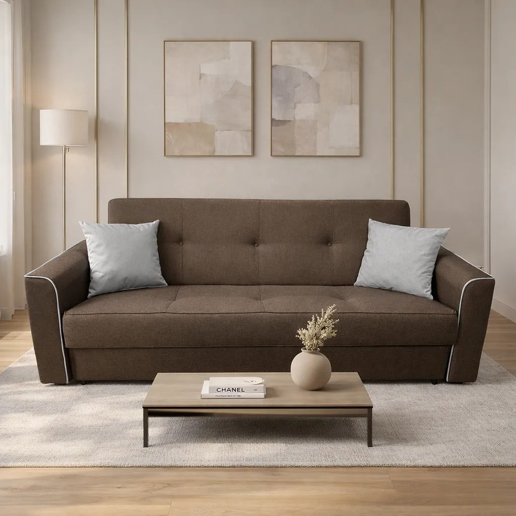 Canapea VERA extensibila, 3 locuri, lada de depozitare, stofa maro + gri, 225x90x90 Maro + Gri, Stofa