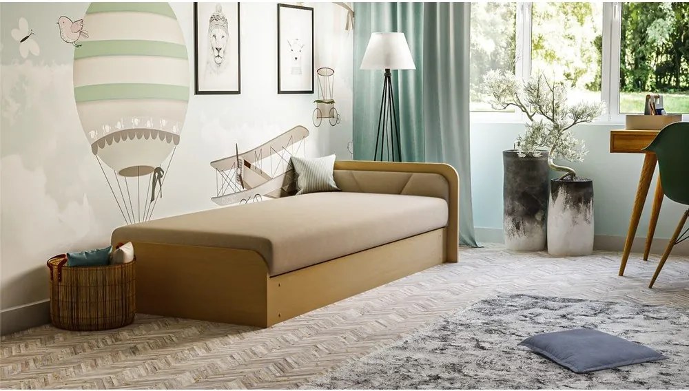 Pat galben ocru/bej tapițat/din placă aglomerată de lemn cu spațiu de depozitare cu saltea 80x190 cm Parys – ELTAP
