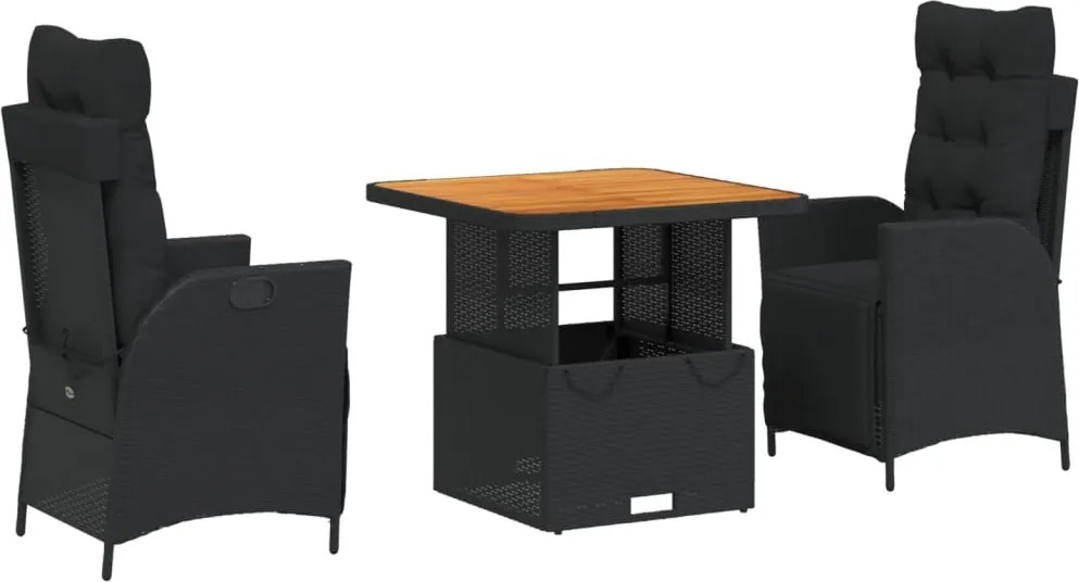 vidaXL Set mobilier de grădină cu perne, 3 piese, negru, poliratan
