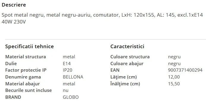 Aplica de perete metal negru/auriu BELLONA
