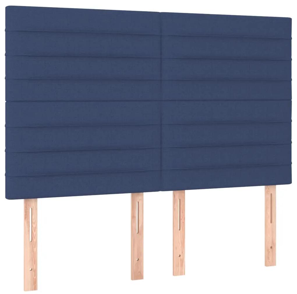 Cadru de pat cu tablie, albastru, 140x200 cm, textil Albastru, 140 x 200 cm, Benzi orizontale