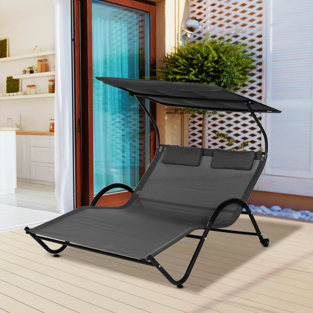 Outsunny Sezlong de exterior pentru gradina cu acoperis parasolar, gri inchis | AOSOM RO