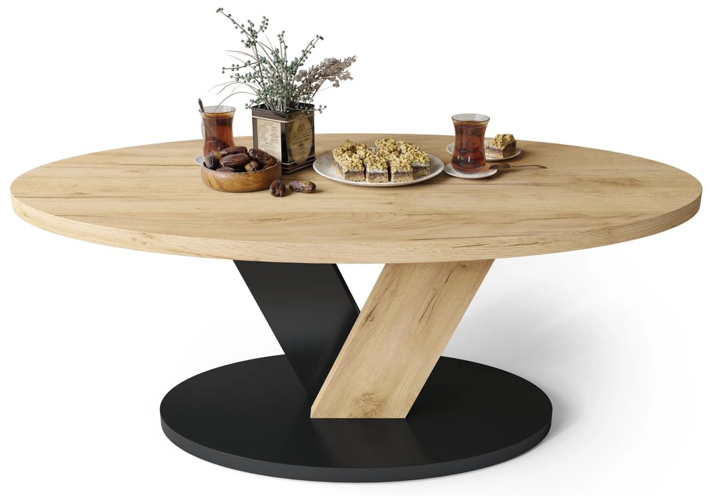 Mazzoni LOVA Stejar Craft Auriu/Negru - MĂSUȚĂ OVALĂ 110x60 cm MĂSUȚĂ DE CAFEA MODERNĂ