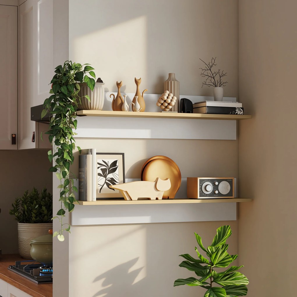 HOMCOM Set 2 Rafturi de Perete pentru Casă și Birou, Rafturi din Lemn pentru Bucătărie și Living, 80x16.5x20 cm, Alb și Lemn Natural | Aosom Romania