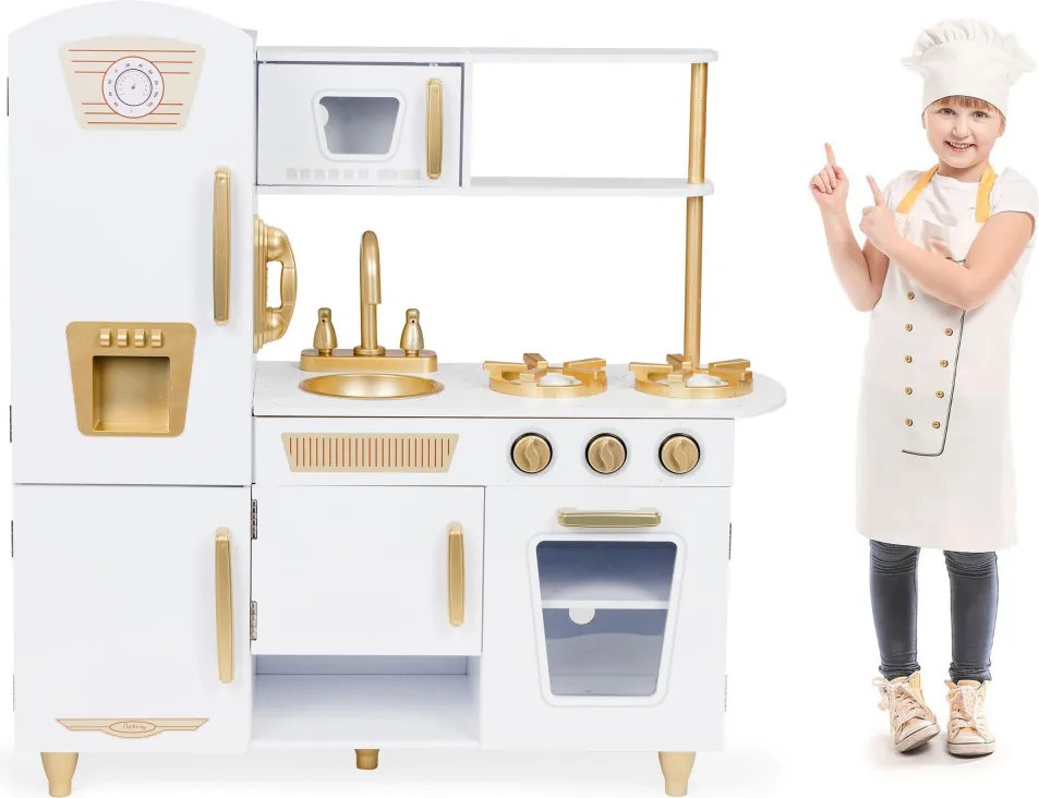 Bucătărie din lemn pentru copii în alb și auriu