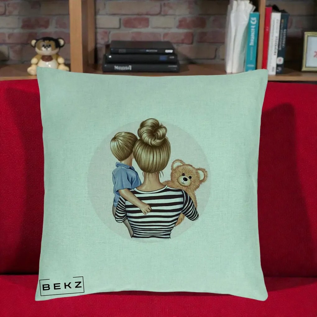 Cadou pentru Mama - Perna Personalizata Mama si Baietelul cu Ursulet, 40x40 cm, Verde Menta, Husa Detasabila, Perna Inclusa, BEKZ®