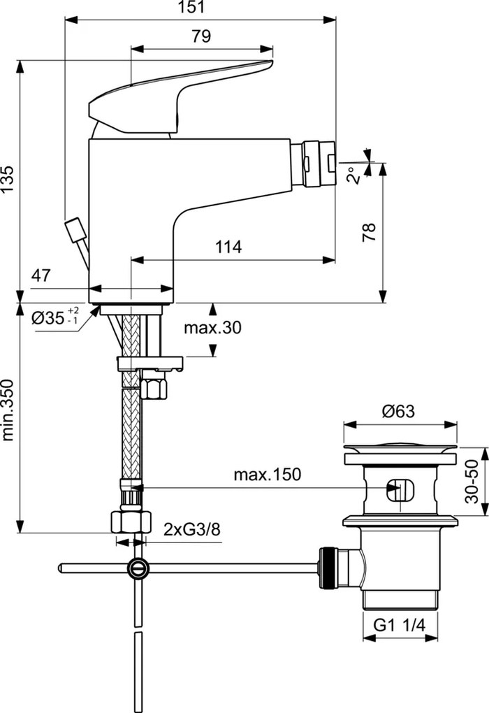 Baterie bideu Ideal Standard Ceraflex, 3/8'', marimea S, monocomanda, pop-up metalic, crom - B1718AA