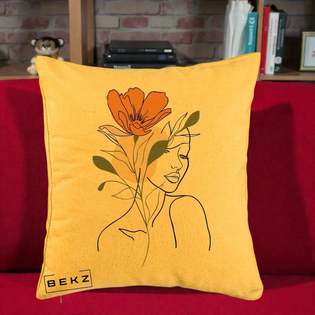 Perna Decorativa Portret Feminin Floare Portocalie, 40x40 cm, Galben, Husa Detasabila, Perna Inclusa, BEKZ®