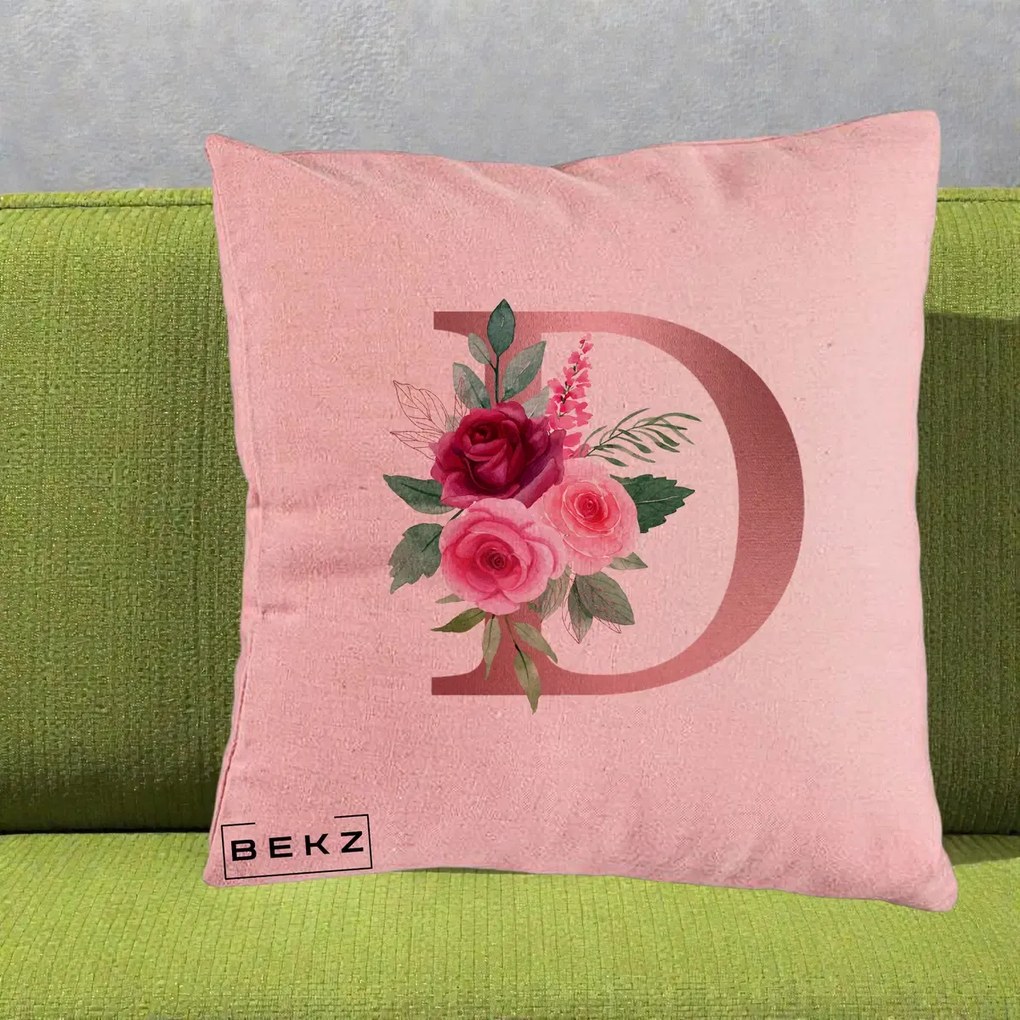 Cadou Personalizat - Perna Personalizata Monograma Rose Gold Litera D, 40x40 cm, Roz, Husa Detasabila, Perna Inclusa, BEKZ®