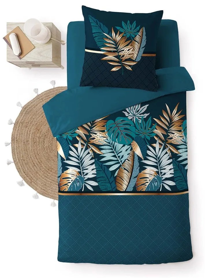Lenjerie de pat în culoarea petrolului din bumbac pentru pat de o persoană 140x200 cm Alianor – douceur d'intérieur