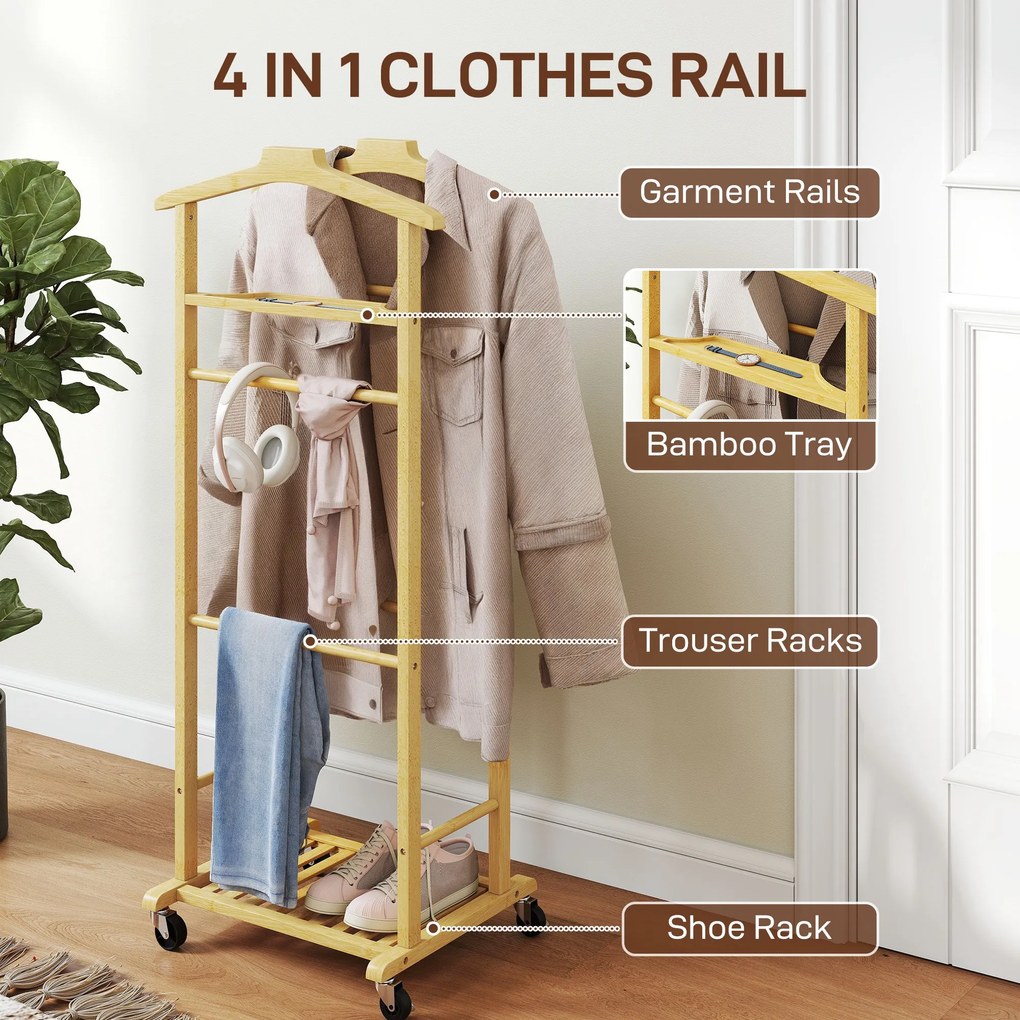 HOMCOM Suport de haine 4 în 1 pe roți din lemn de bambus, 47x33.7x105.5 cm | Aosom Romania