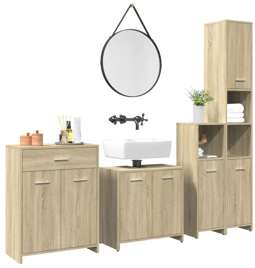 vidaXL Set mobilier de baie, 4 piese, stejar sonoma, lemn prelucrat