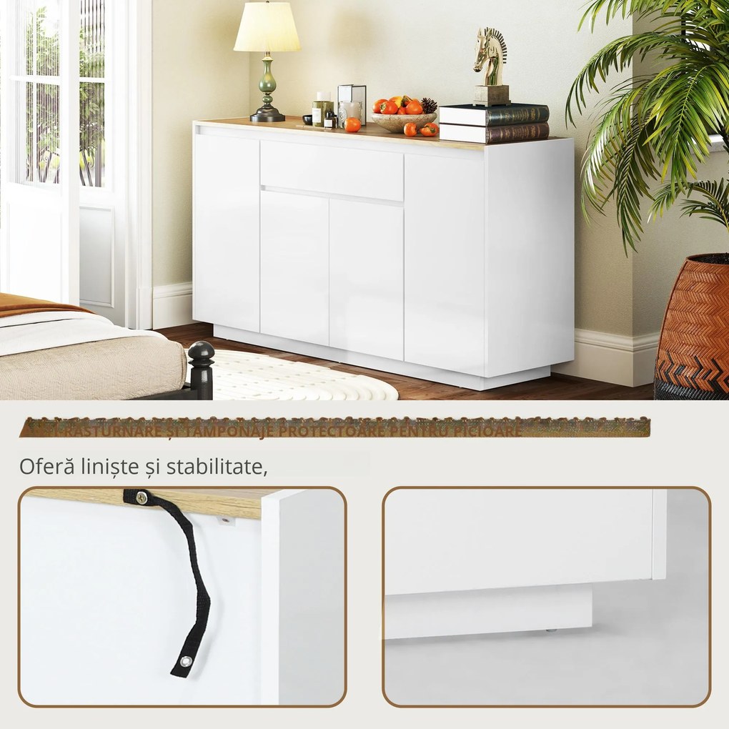 HOMCOM Bufet de Bucătărie cu 3 Dulapuri și 4 Uși cu Îchidere Lină, Mobilier Modern cu Sertar, 140x40x75 cm, Alb | Aosom Romania
