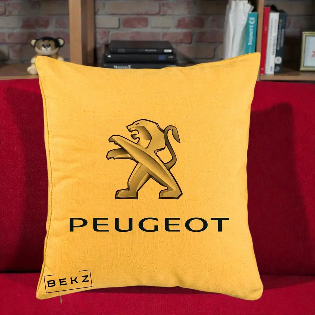 Perna Personalizata cu emblema Peugeot, 40x40 cm, Galben, Husa Detasabila, Perna Inclusa, BEKZ®