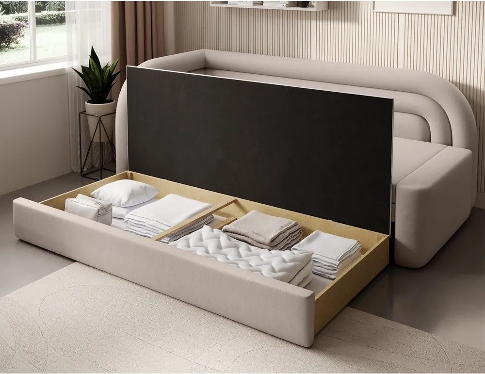 Canapea bej extensibilă/cu spațiu de depozitare cu tapițerie din catifea cu colț pe partea stângă 223 cm Fabillo – ELTAP