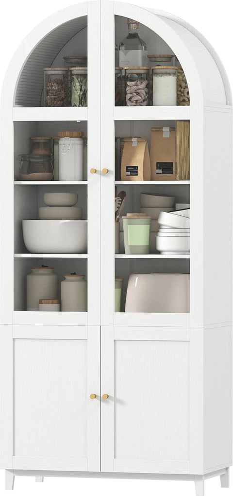 HOMCOM Dulap de bucătărie, vitrină pentru veselă cu 4 uși dintre care 2 din acrilic și rafturi reglabile, 78 x 40 x 180 cm, alb | Aosom Romania