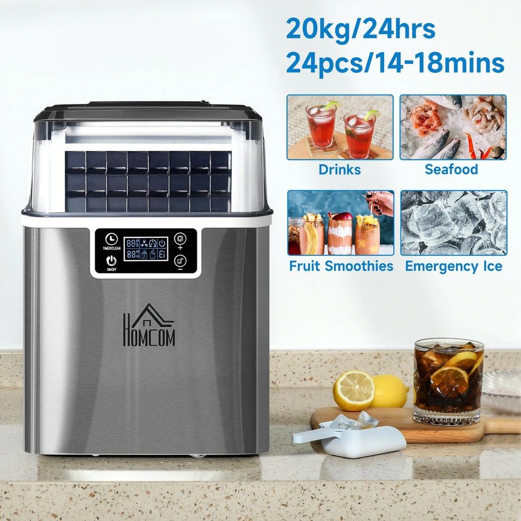 HOMCOM Mașină de Făcut Gheață Rapidă 3.2L Autocurățare Capacitate 20kg/zi pentru Băuturi Răcoritoare | Aosom Romania