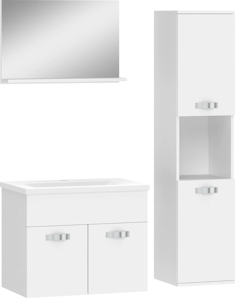 kleankin Set Mobilier Baie 4 Piese cu Lavoar din Ceramică, Dulap de Baie, Coloană de Baie și Oglindă, Alb | Aosom Romania