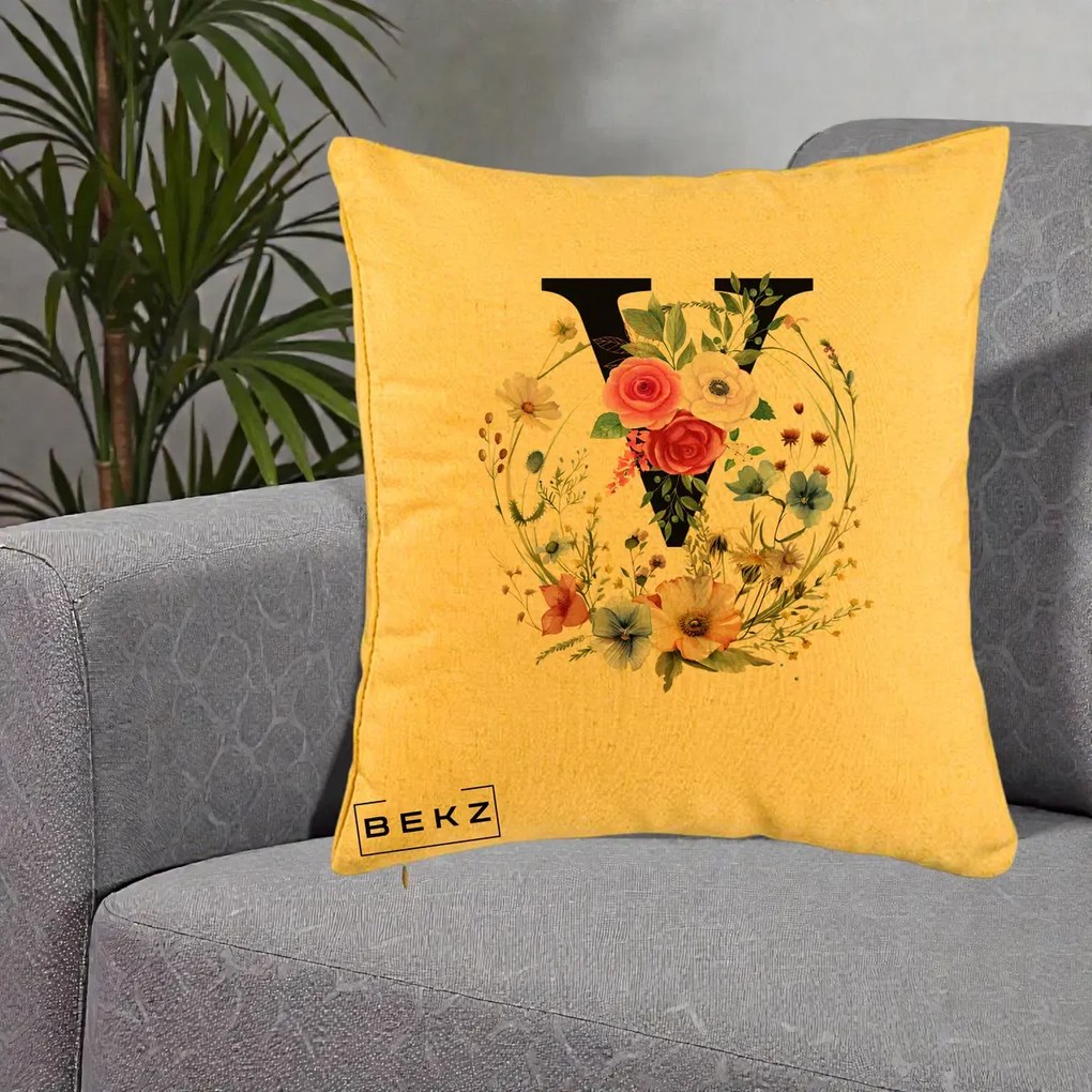 Cadou Personalizat - Perna Personalizata Monograma Florala Litera V cu Coroana, 40x40 cm, Galben, Husa Detasabila, Perna Inclusa, BEKZ®