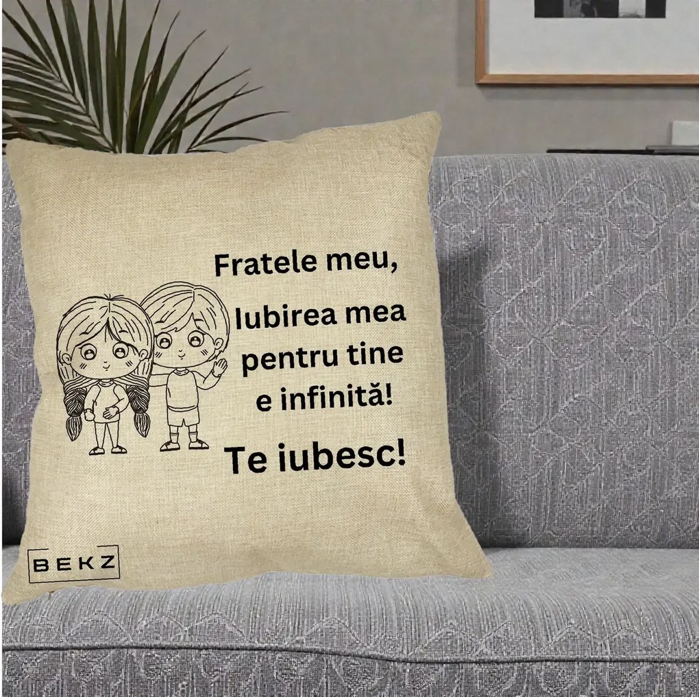 Cadou pentru Frate - Perna Personalizata Fratele Meu Te Iubesc Copii Anime Line Art Negru, 40x40 cm, Crem, Husa Detasabila, Perna Inclusa, BEKZ®