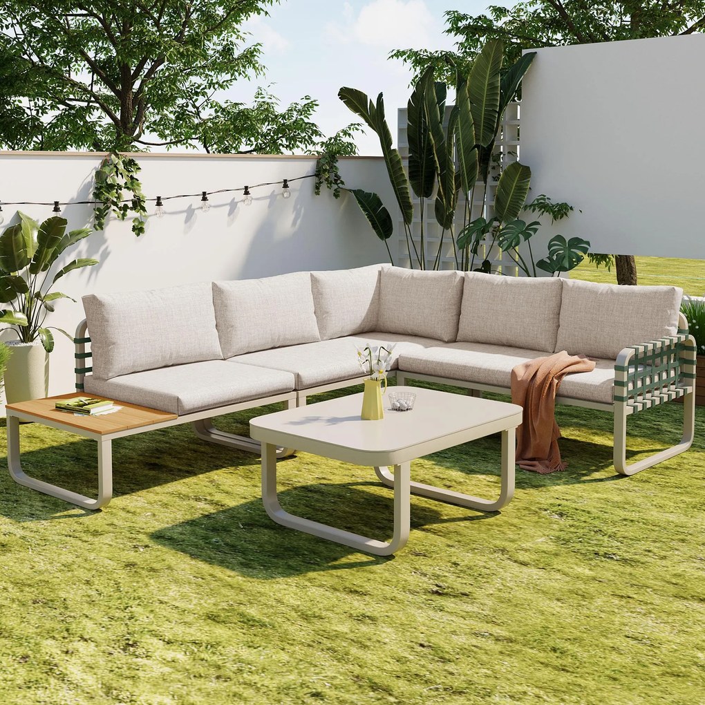 Set de mobilier de grădină Lounge 4-5 locuri, Set de mobilier de grădină din piele verde și ratan cu masă din sticlă securizată, Culoare caise