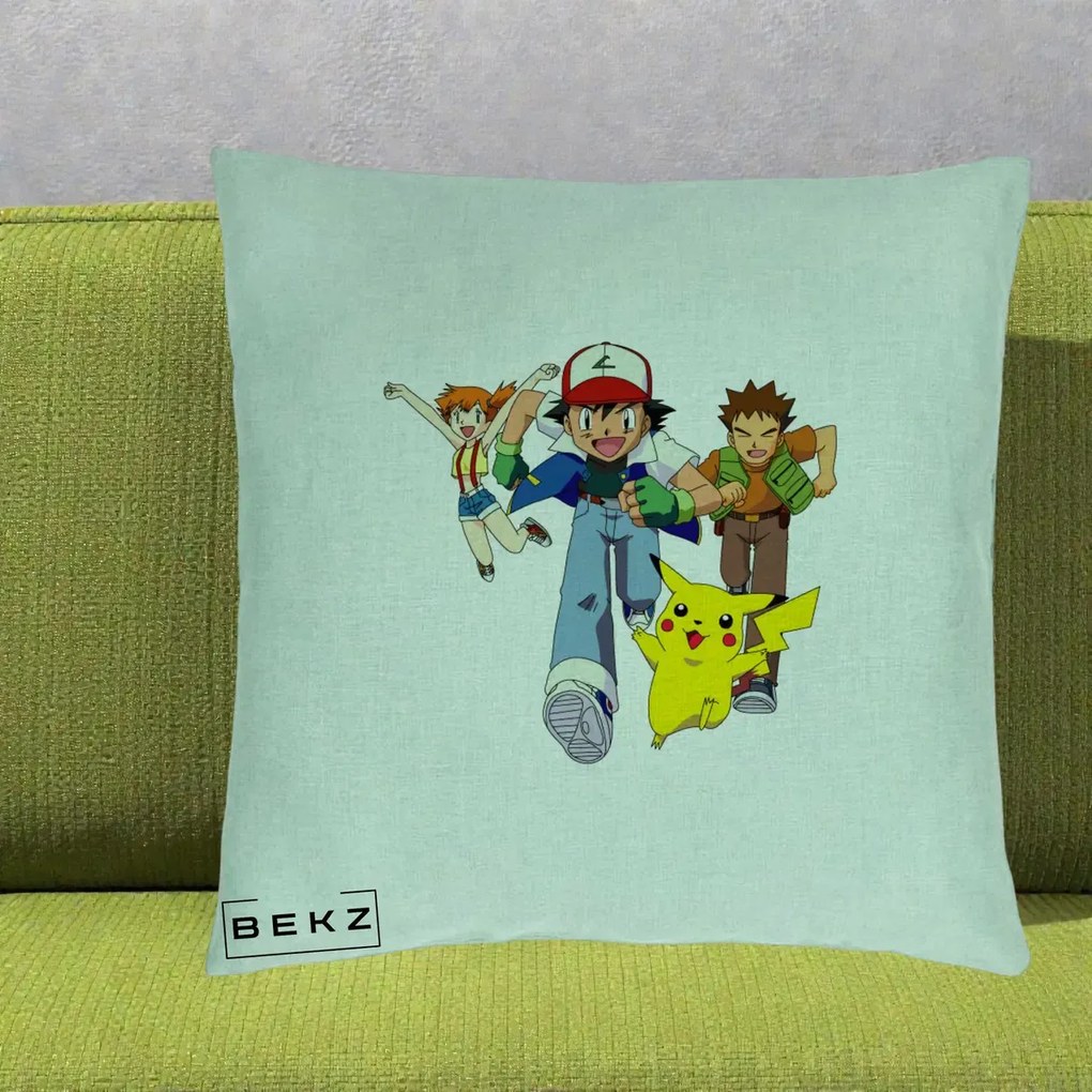 Perna Personalizata Pokemon Ash Misty Brock si Pikachu, 40x40 cm, Verde Menta, Husa Detasabila, Perna Inclusa, BEKZ®
