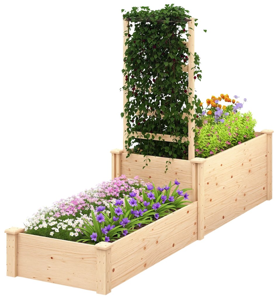 Outsunny Pat Înălțat pentru Grădină cu Grilaj, Bază Deschisă și 2 Despărțitoare, 222x63x132 cm, Lemn Natural | Aosom Romania