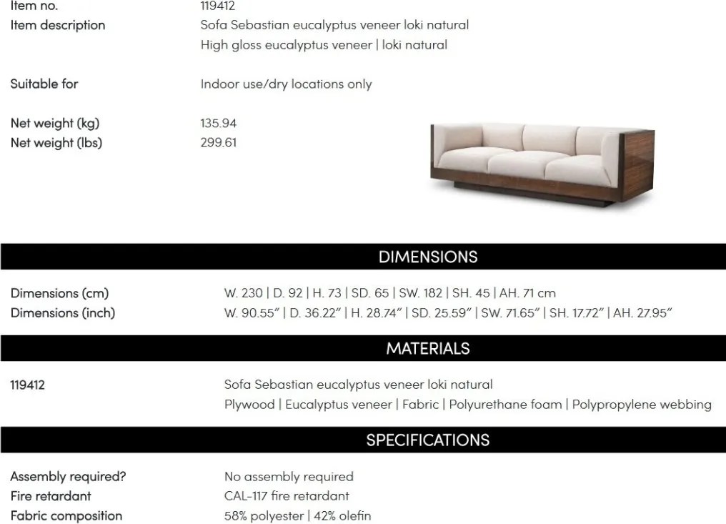 Canapea design LUX, Furnir de eucalipt lucios, Sebastian, 119412 HZ